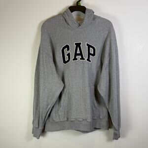 Vintage GAP Hoodie Sweatshirt Mens Small Gray Center Spellout Logo Pullover 00s